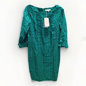 Boden linen shift dress emerald green/blue geometric 3/4 sleeve NWT Size‎ 8L